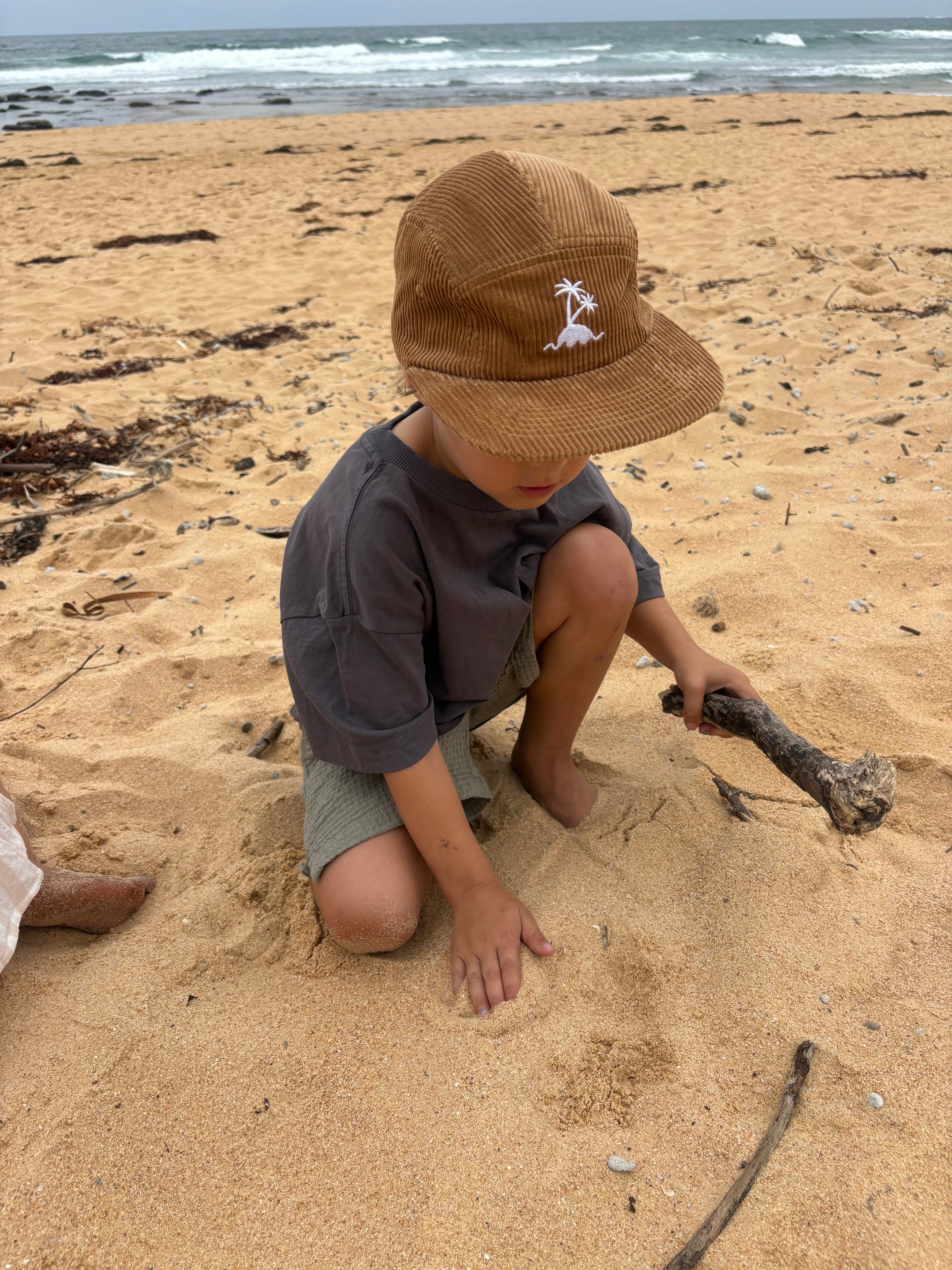 Brown Corduroy Kids hat with Coastal Palms