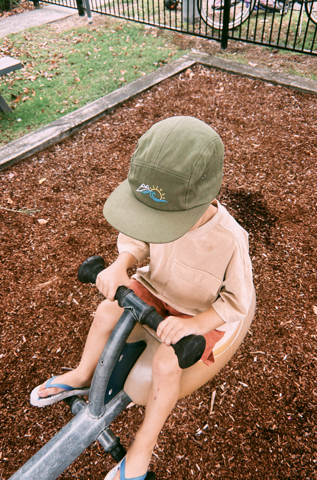 Khaki Green Cotton Kids Hat with Mountains, Sun & Wave