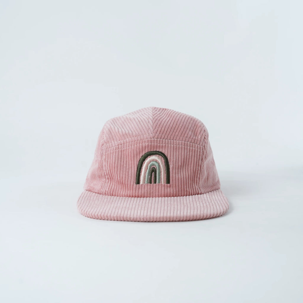 Pink kids corduroy hat with a rainbow design 