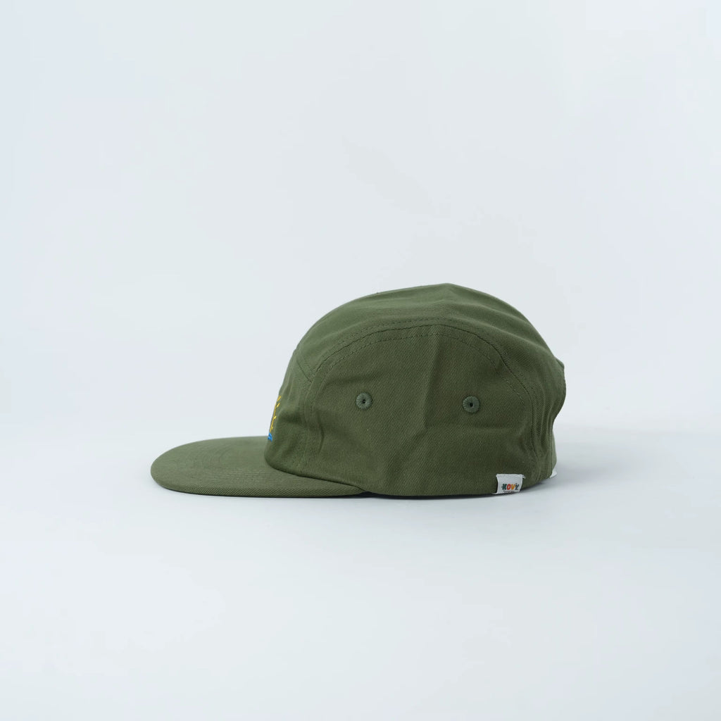 Khaki Green Cotton Kids Hat with Mountains, Sun & Wave