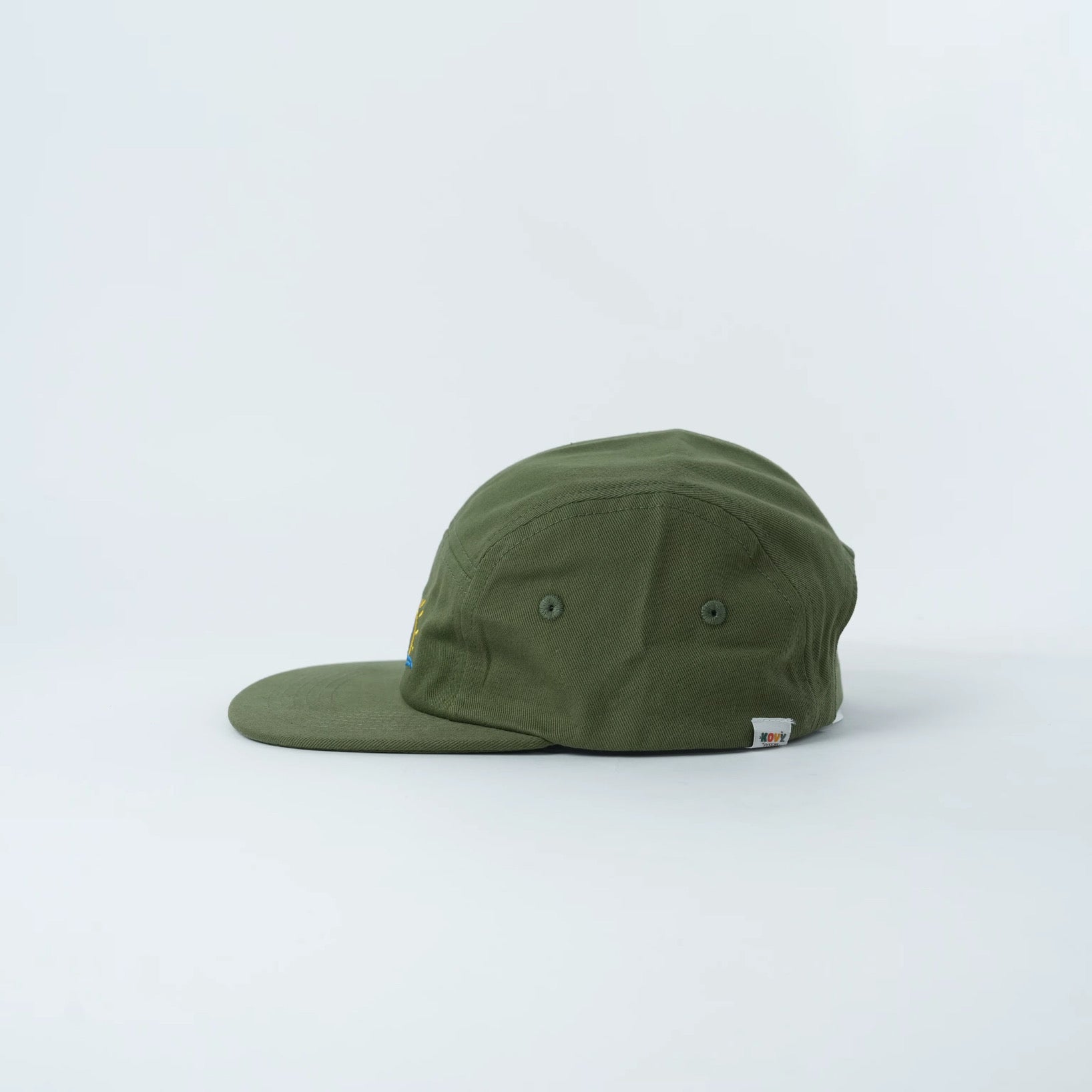 Khaki Green Cotton Kids Hat with Mountains, Sun & Wave