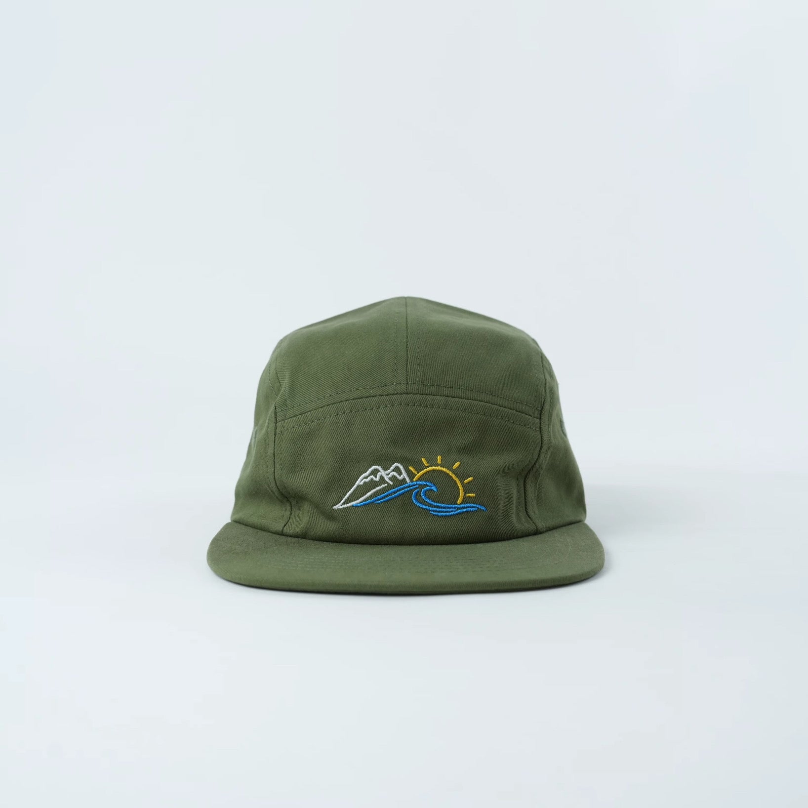 Khaki Green Cotton Kids Hat with Mountains, Sun & Wave
