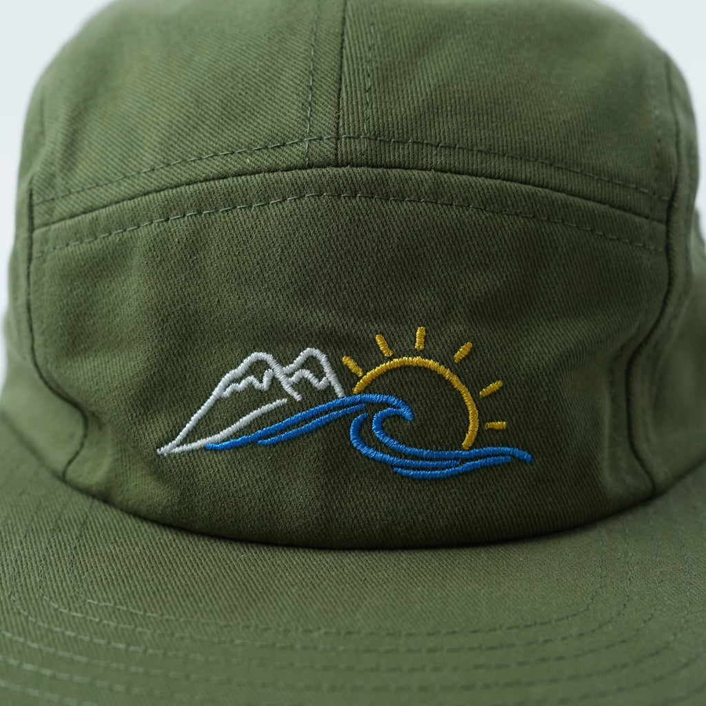 Khaki Green Cotton Kids Hat with Mountains, Sun & Wave