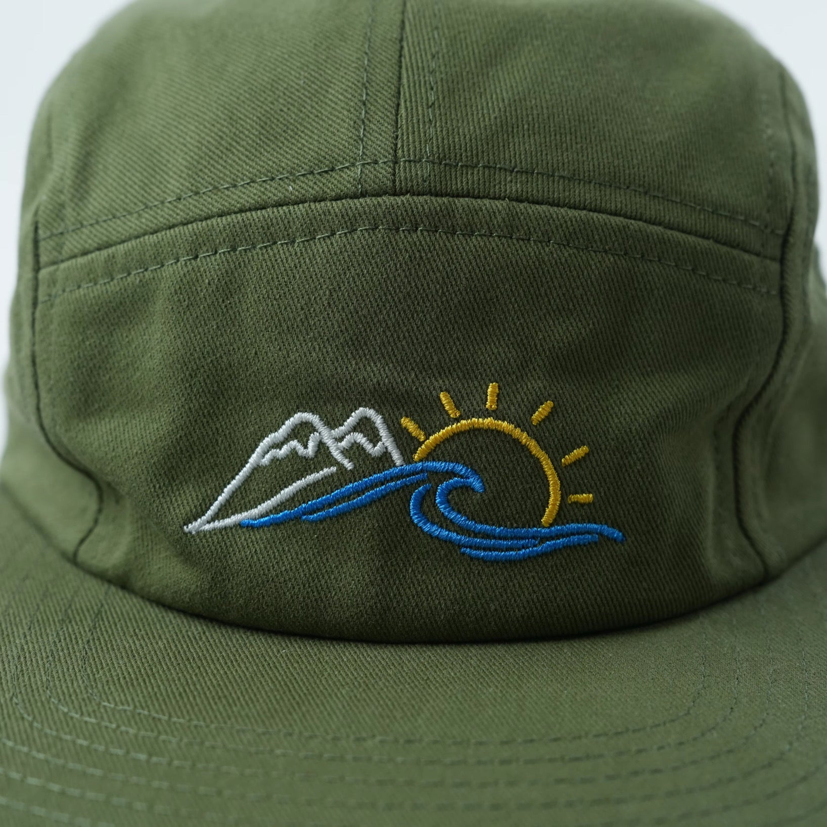 Khaki Green Cotton Kids Hat with Mountains, Sun & Wave